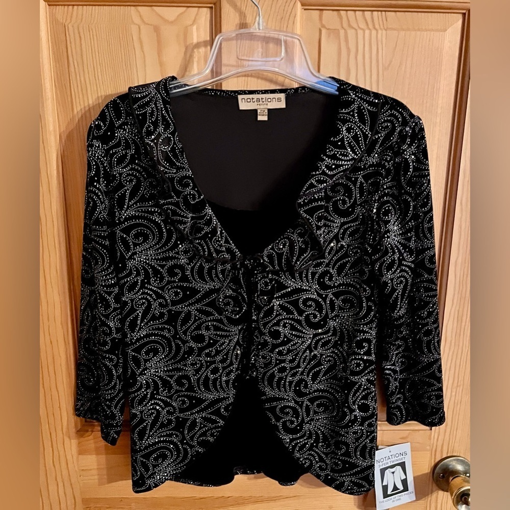 Notations NWT Black Silver Glitter Velvet Ruffle Cardigan Twofer Top Petite PM - Picture 12 of 17